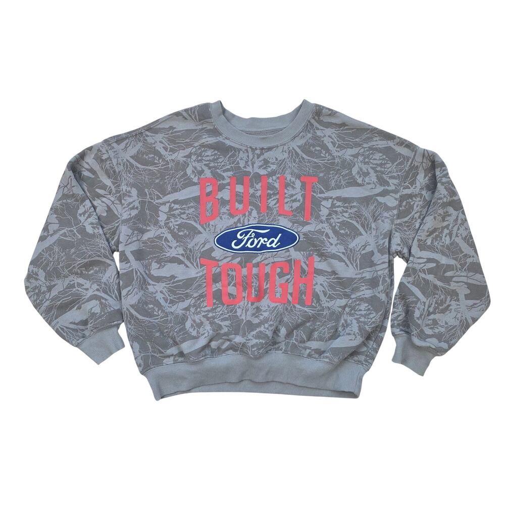 Ford Built Tough Sweatshirt Womens S Gray Camo Embroidered Logo Cropped